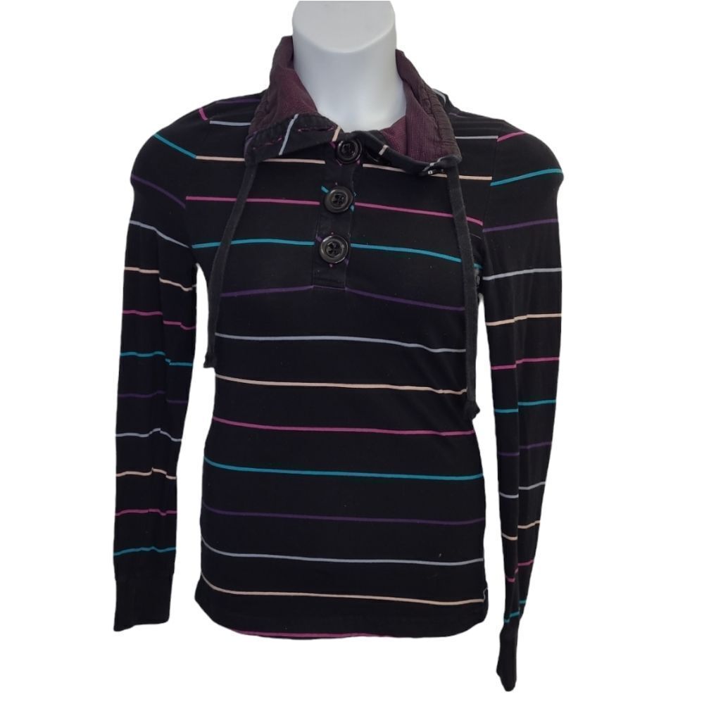 Y2K Twik black striped mock neck stretch long sleeve quarter button top S